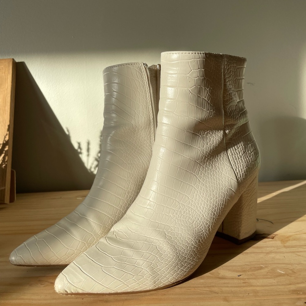 Steve Madden Nadalie Cream Croc-Embossed Ankle Boots